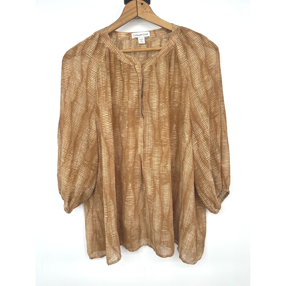 Coldwater Creek Top Women 2X Brown Abstract Sheer 3/4 Sleeve Henley Earthy Boho